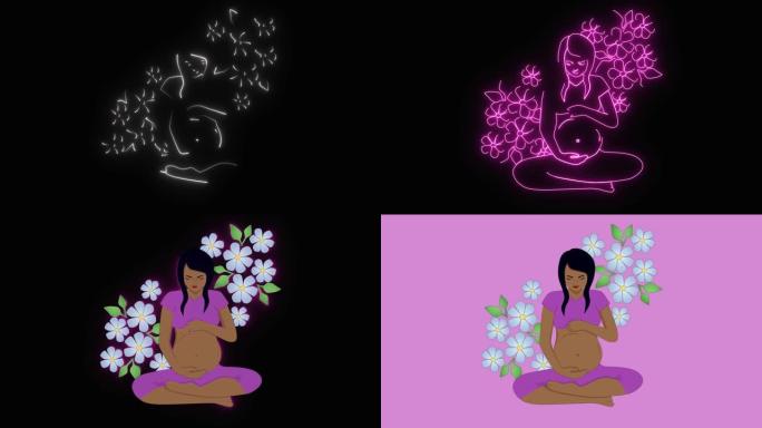 发光的霓虹灯在紫色背景上形成怀孕的黑发多种族妇女的2d动画，周围是蓝色嫩花。产妇，怀孕，保健，生活方