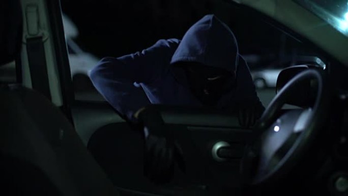 强盗在夜间从开着的汽车偷笔记本电脑，安全系统，粗心