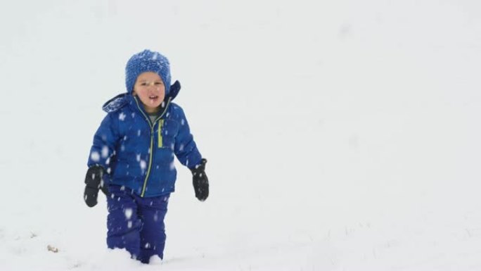 三岁的白人男孩穿着冬装在阴天的雪地里行走