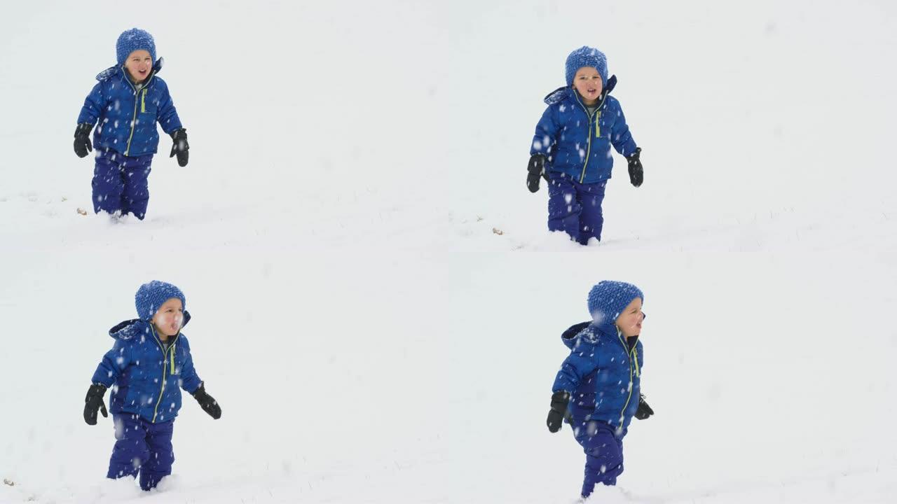 三岁的白人男孩穿着冬装在阴天的雪地里行走