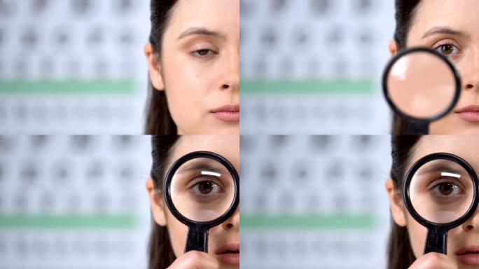 使用放大镜检查眼睛健康的女人，文本模板