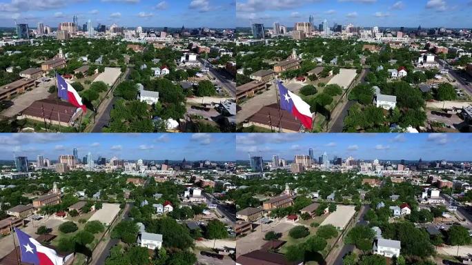 德克萨斯州国旗标志性的奥斯汀德克萨斯州景观与天际线城市景观国会大厦背景