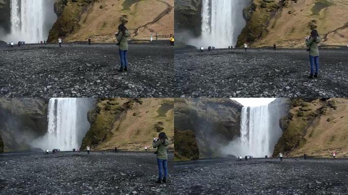 冰岛Skogafoss瀑布的平移镜头