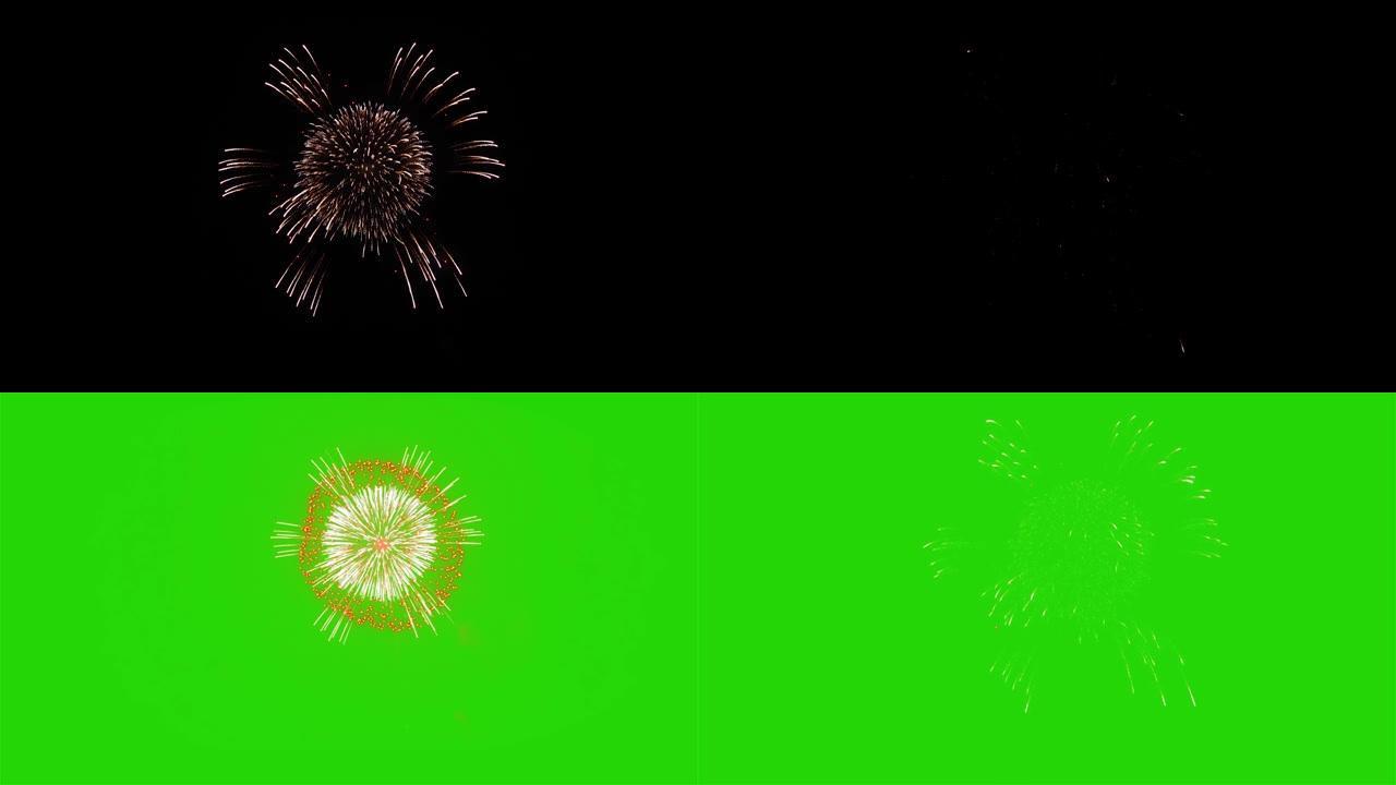 彩色烟花爆炸光在夜空绿色屏幕动画。