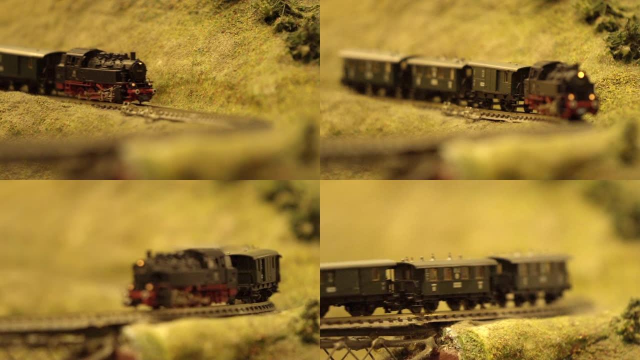 长矛布局上的旧蒸汽火车模型的宏