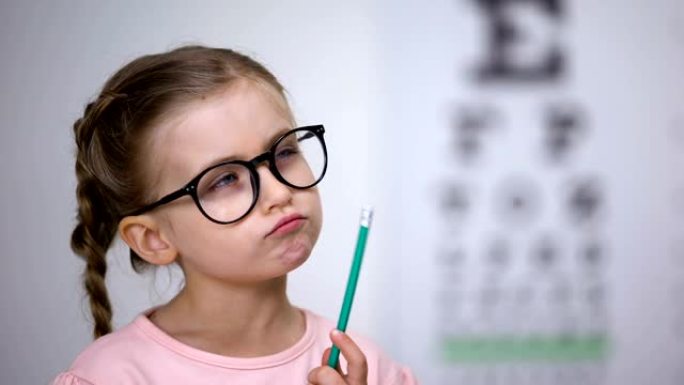 佩带眼镜的沉思聪明女孩，在诊所用眼视图测试视力