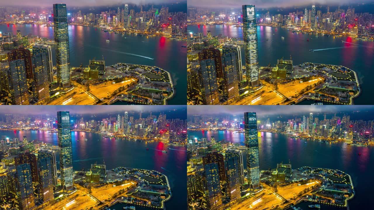 香港维多利亚港夜间市区交通的超度鸟瞰图