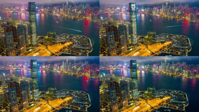 香港维多利亚港夜间市区交通的超度鸟瞰图