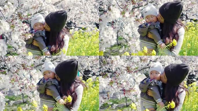 亚洲女子亲吻她的婴儿在樱花下