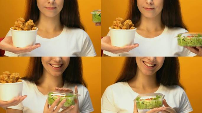 开朗的女人选择绿色沙拉而不是炸鸡，健康的生活方式