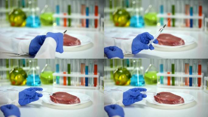 科学家在肉类样品中注入液体进行产品质量分析
