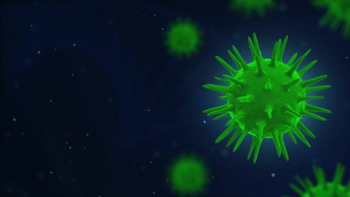 新型冠状病毒肺炎或冠状病毒2019 Corona病毒3d循环动画。病毒在深红色蓝绿色背景上的3D动画