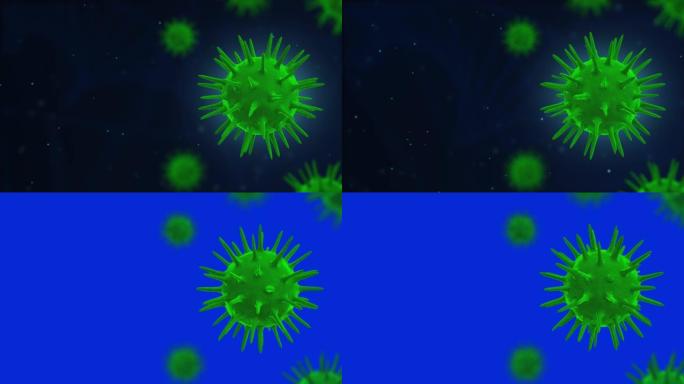 新型冠状病毒肺炎或冠状病毒2019 Corona病毒3d循环动画。病毒在深红色蓝绿色背景上的3D动画