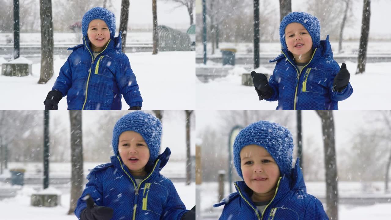 三岁的白人男孩穿着冬装走在户外，在阴天欣赏雪