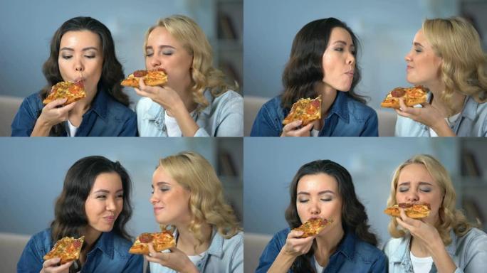 饥饿的女性朋友享受美味的披萨，意大利美食，外卖