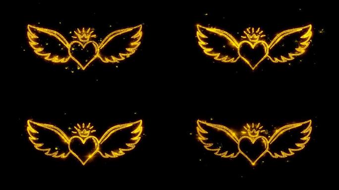 用金色粒子书写的带角翅膀的心造型字体火花烟花