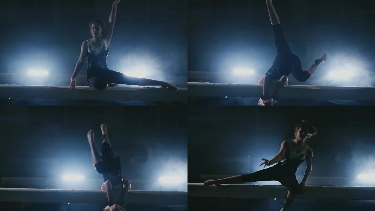 这个女孩是一名专业运动员，在背光和运动体操服装中的慢动作上表演体操杂技技巧。烟雾和蓝色。在平衡木上跳