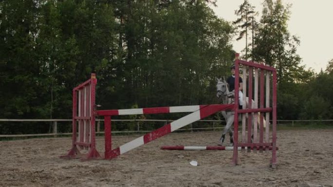 慢动作，特写，低角度: 骑师骑着强壮的棕色马在阳光明媚的户外沙质跑酷盛装舞步竞技场跳栅栏。竞技骑手训