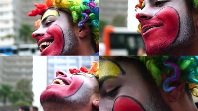 小丑做鬼脸街头表演员仰天大笑