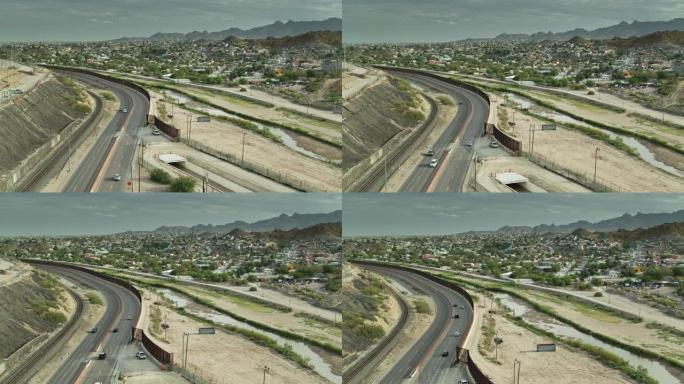 埃尔帕索和华雷斯城之间的边界围栏旁的高速公路 -- 鸟瞰图