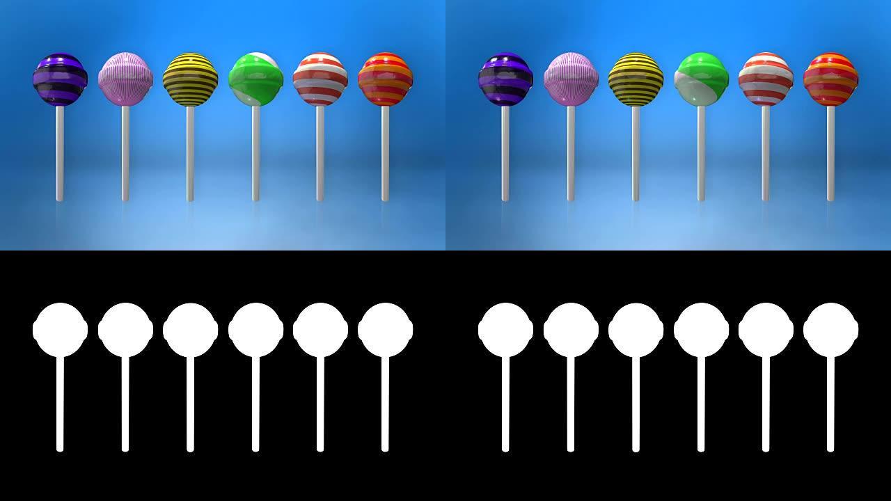 各种彩色棒棒糖动画循环与亮度哑光
