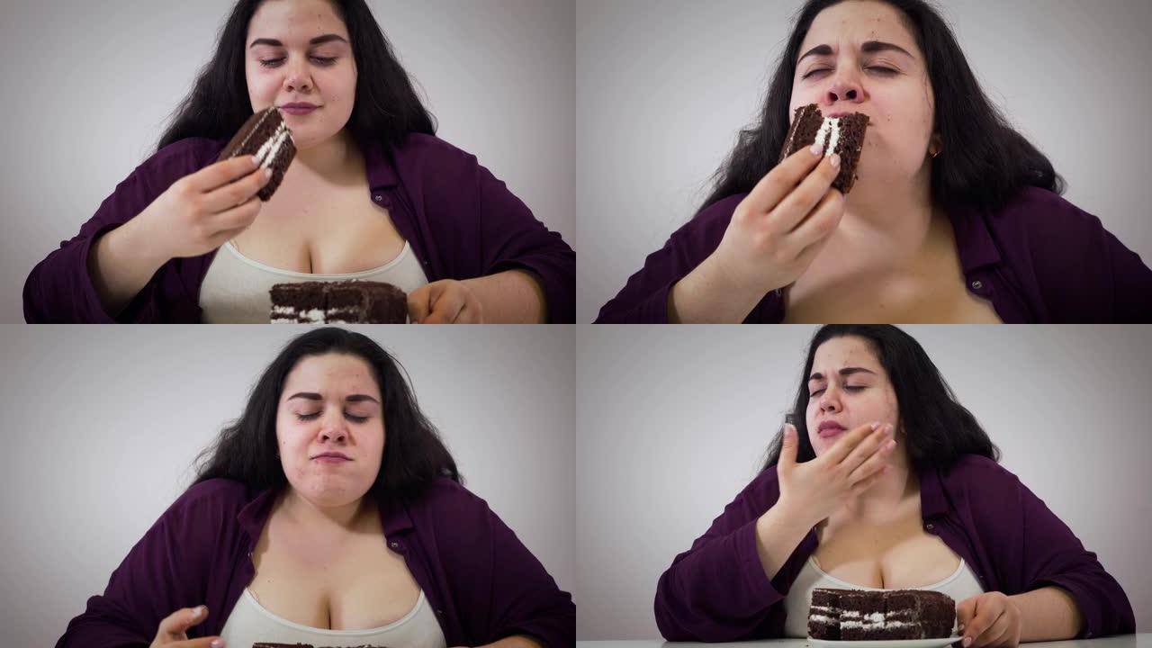 相机接近丰满的白人妇女的脸，享受巧克力蛋糕，然后离开。有超重问题的快乐年轻女孩在室内吃糖果。肥胖，不