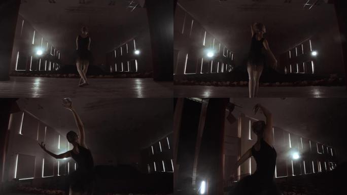 慢动作: 穿着黑色连衣裙的芭蕾舞女演员表演旋转和优美的舞蹈动作。摄像机在万向节上移动。