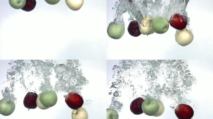 苹果溅入水中，慢动作