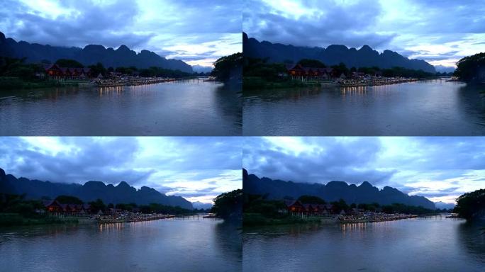 老挝万荣的南松河落日日落傍晚黄昏游览观光
