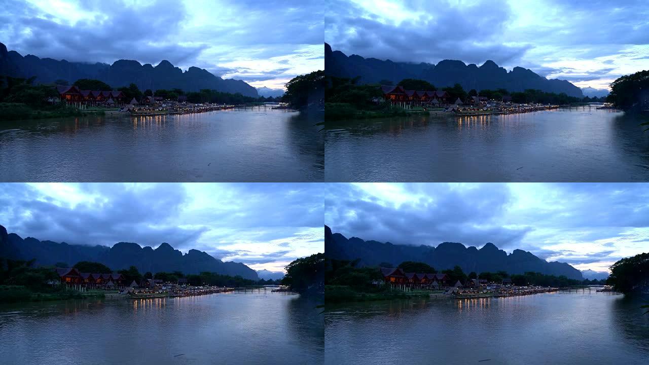 老挝万荣的南松河落日日落傍晚黄昏游览观光