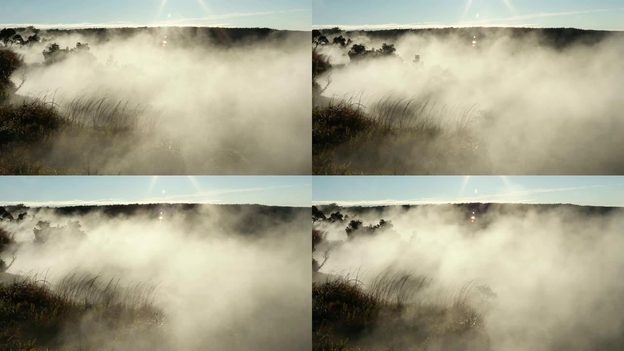 蒸汽从火山景观中的喷气孔上升