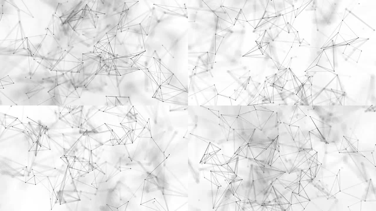 虚拟抽象黑灰色神经丛，具有粒子、结构遗传和化学化合物。空间和星座。科学和连接概念。社交网络连接循环背