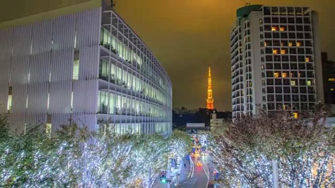 4k延时平移: 日本六本木东京的东京塔和圣诞节照明