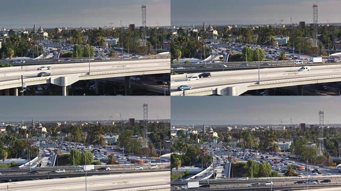 洛杉矶市中心10/110交汇处的上升无人机拍摄