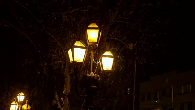 路灯和城市夜间飘落的雪