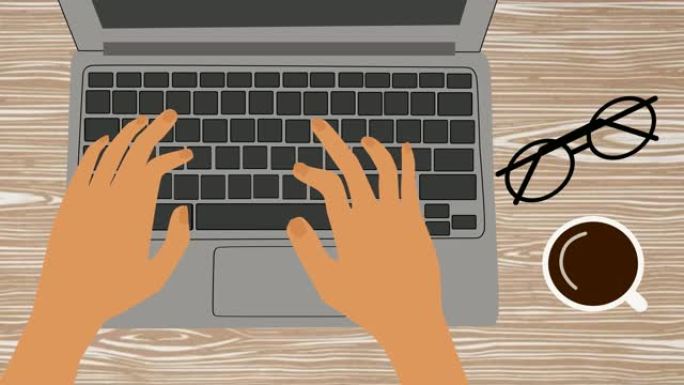 桌子上笔记本电脑、眼镜和咖啡杯的特写镜头。男性白人手在键盘上打字。卡通，2D动画。