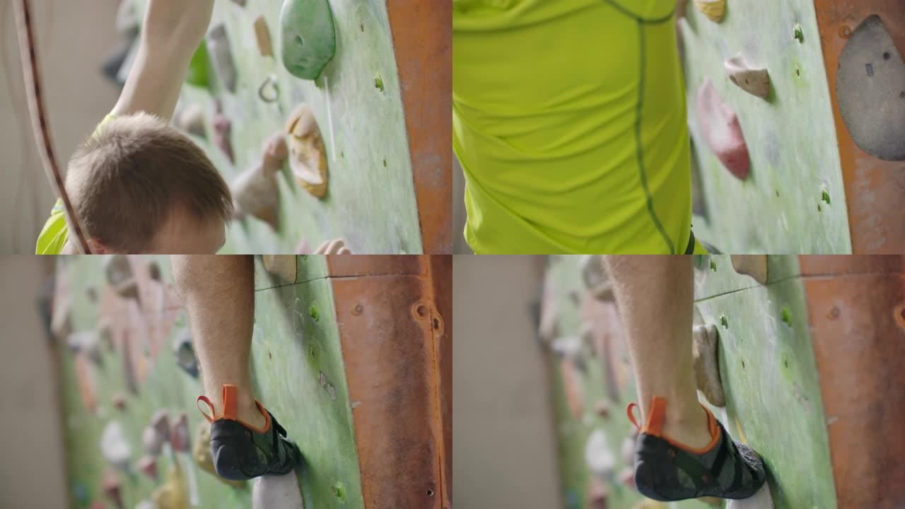 博尔德登山者男子在室内攀岩健身房墙上锻炼。在攀岩墙上训练登山者。运动男在运动健身房进行攀岩锻炼