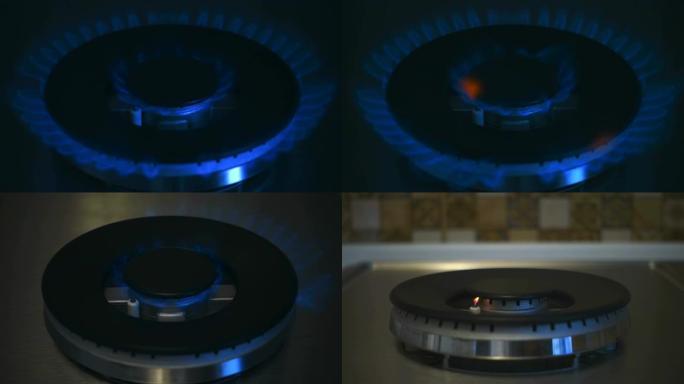 黑暗中厨房炉子上的煤气炉。慢动作，240fps，250fps