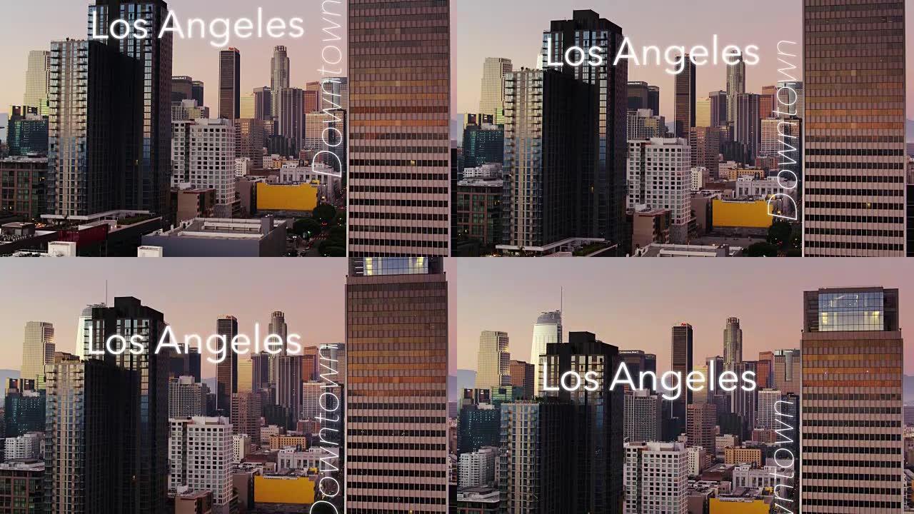 DTLA南方公园的日落，带有浮动文字: “市区/洛杉矶” (无人机拍摄)