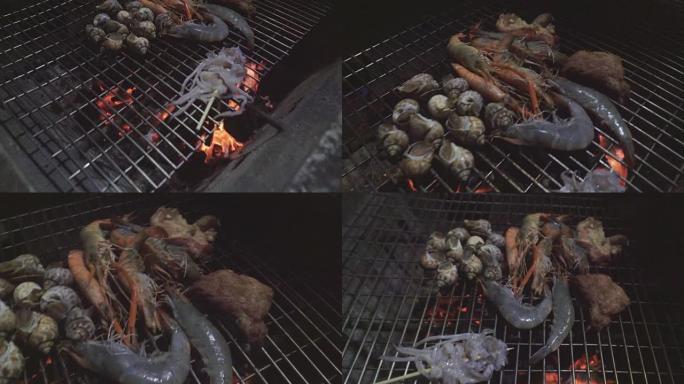 用煤火制作烤肉的生海鲜特写