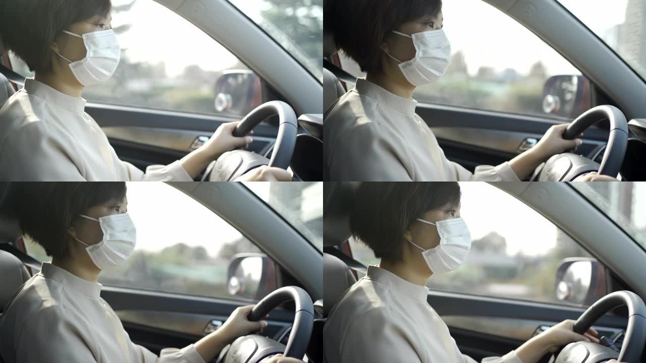 年轻女子戴着面具开车的肖像