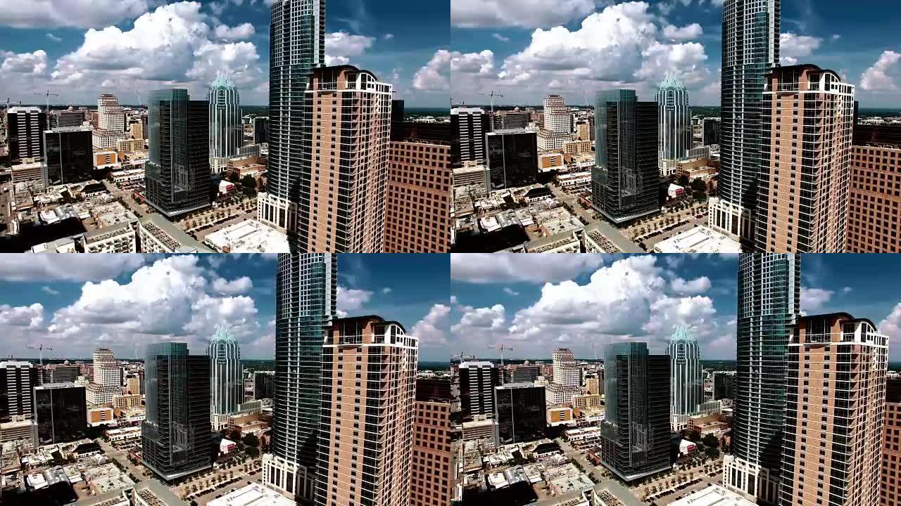 德克萨斯州奥斯汀市中心非常接近的空中高高的摩天大楼高对比度美好的夏日