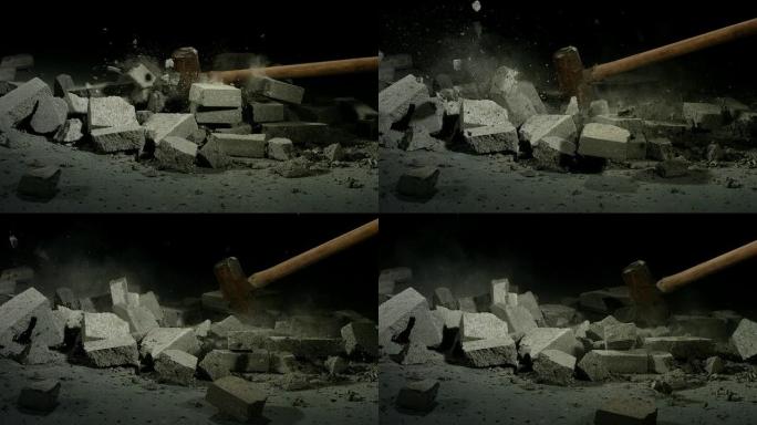 大锤击打混凝土砖解压击垮锤子碎石块