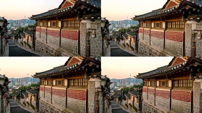 延时放大韩国首尔市北村韩屋村日出场景的镜头