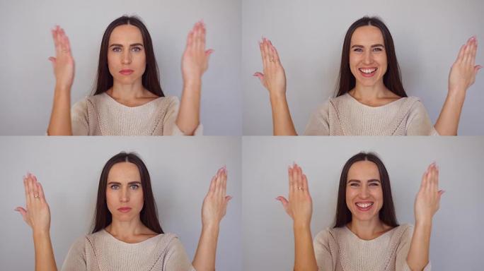幽默女性用手改变面部情绪