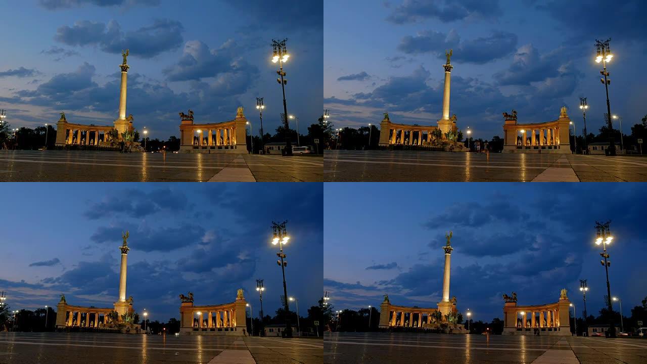 夜间在布达佩斯的英雄广场