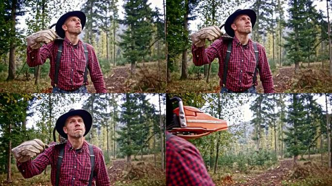 SLO MO DS伐木工人手持电锯在森林中行走