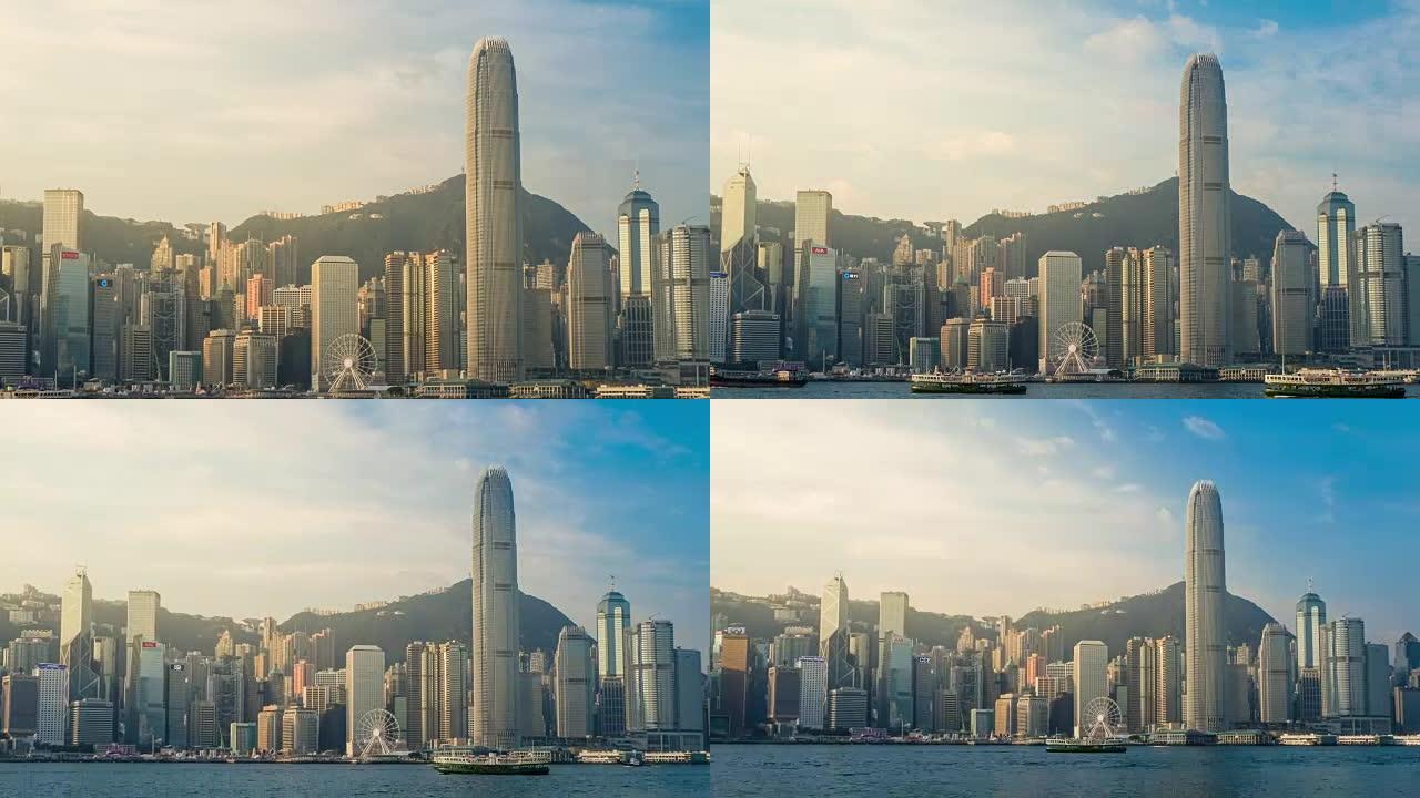 延时香港维多利亚港晨景，背景为船只和摩天大楼