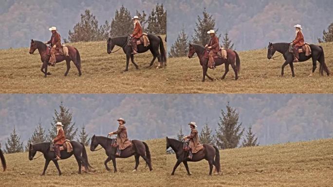 TS两名牛仔和一名女牛仔在山上骑马