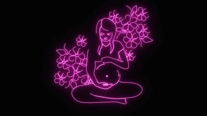 发光的霓虹灯在紫色背景上形成怀孕的黑发白人妇女的2d动画，周围是蓝色的嫩花。产妇，怀孕，保健，生活方